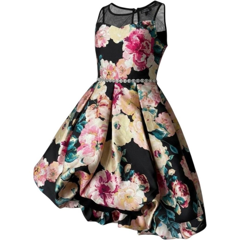 Speechless Kids Floral Bubble Hem Dress Rhinestone Waist Black Pink Size 8